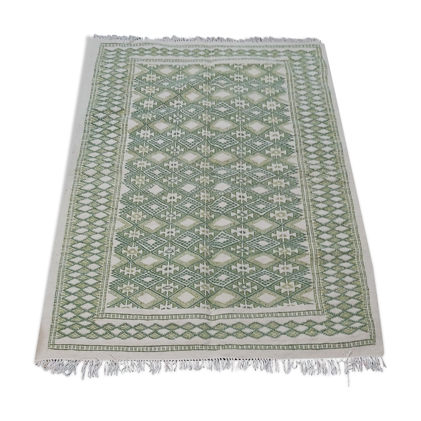 Handmade green and white margoum carpet 180x125cm