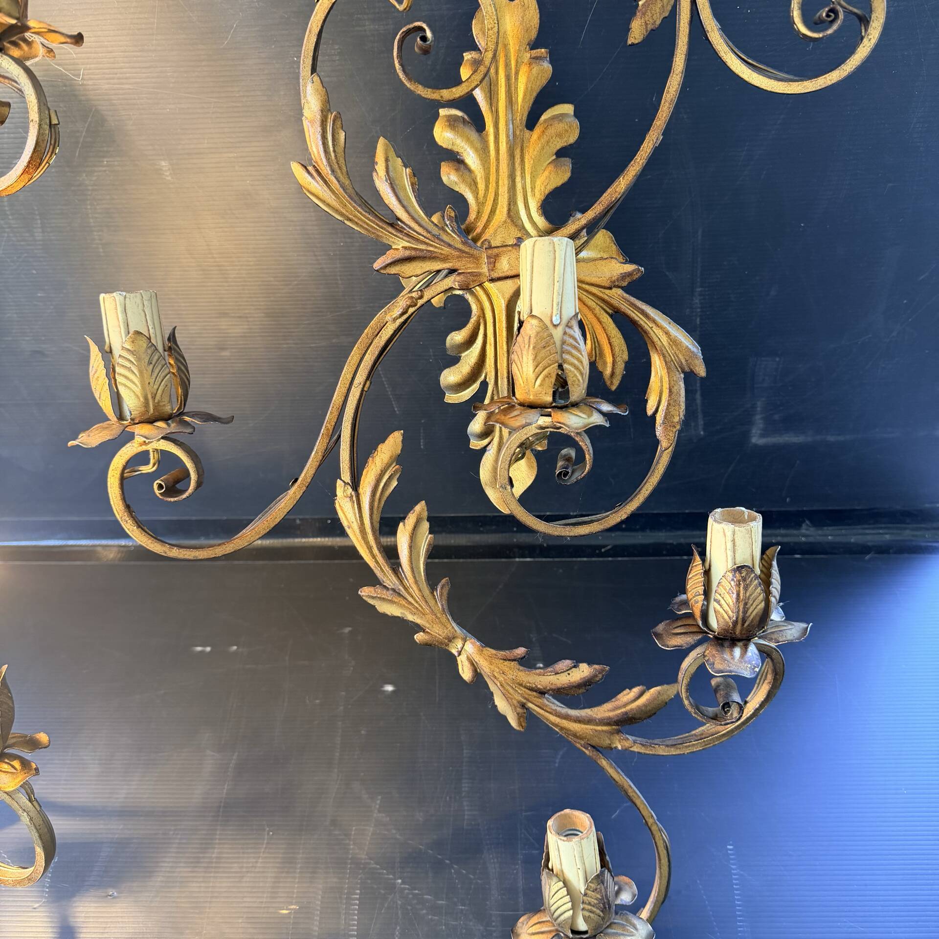 Pair of Golden Florentine Wall Lights 1950s 1960s Hollywood Regency 7 Lights