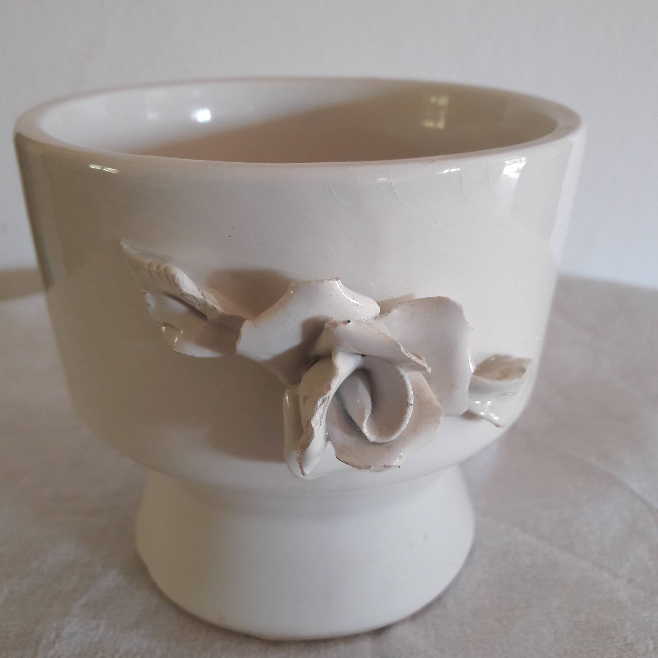 Vintage carved white pink earthenware pot/vase