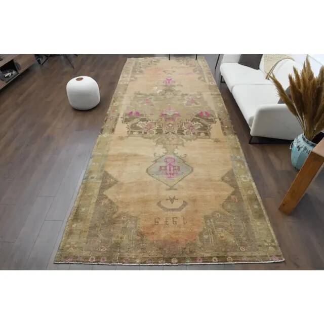 1970s Vintage Turkish Hand-Knotted Wool Cotton Orange Runner Rug 197x613