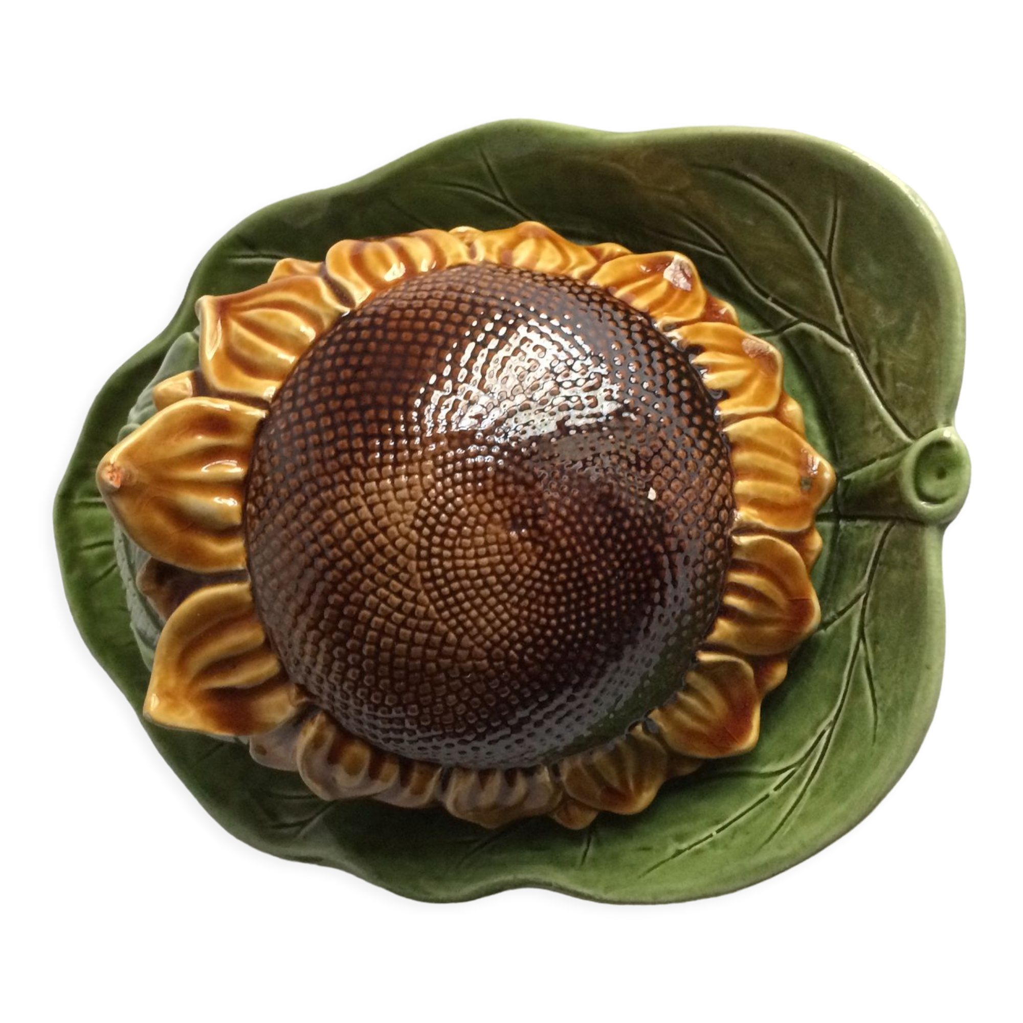 Butter dish in slip leaf and sunflower flower