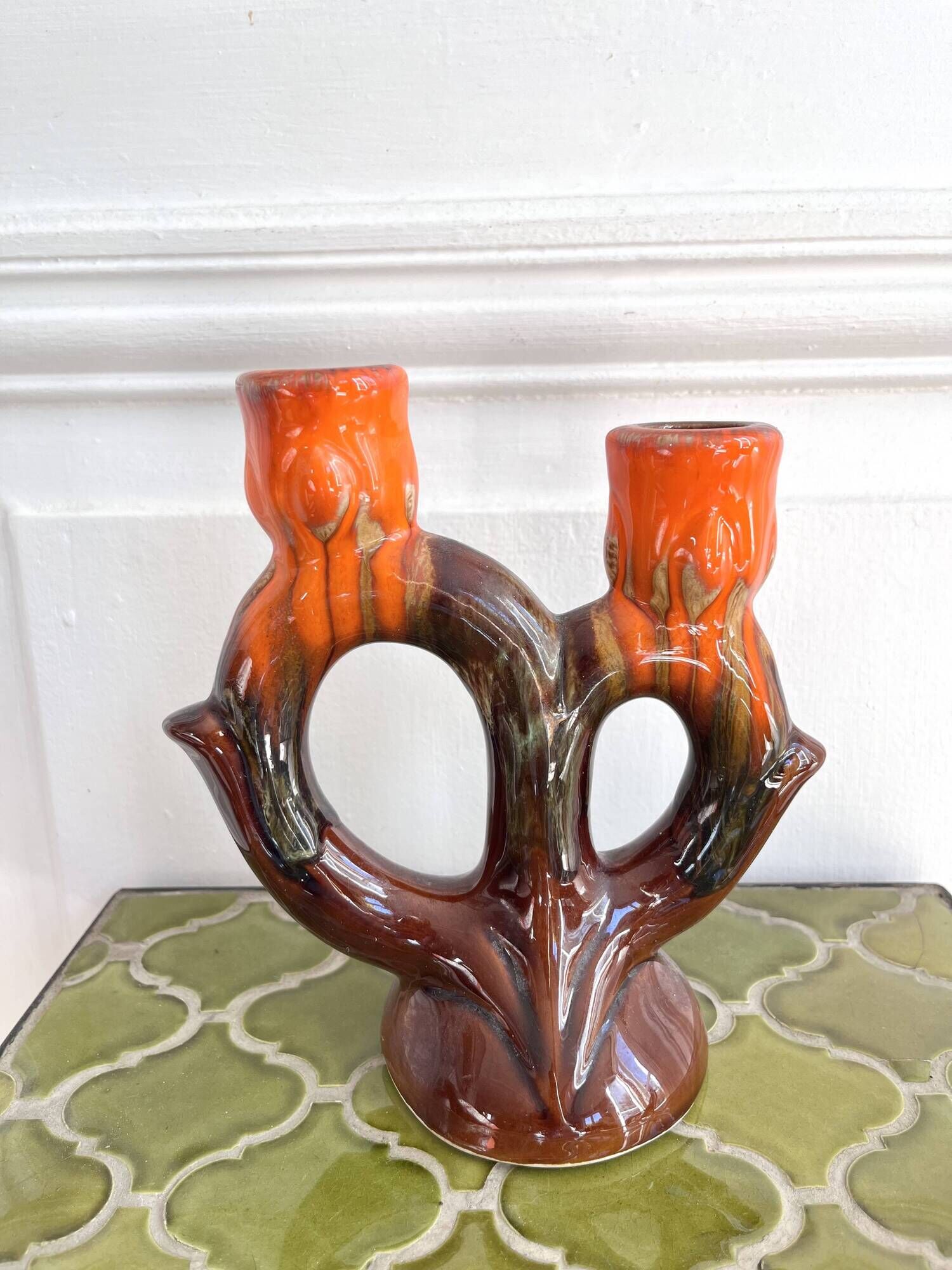 1960s ceramic two-branch candlestick chandelier