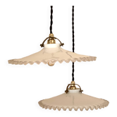 Pair of bistro pendant lights in serrated opaline