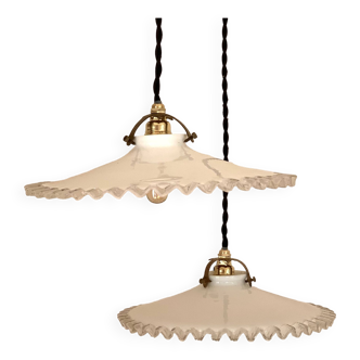 Pair of bistro pendant lights in serrated opaline