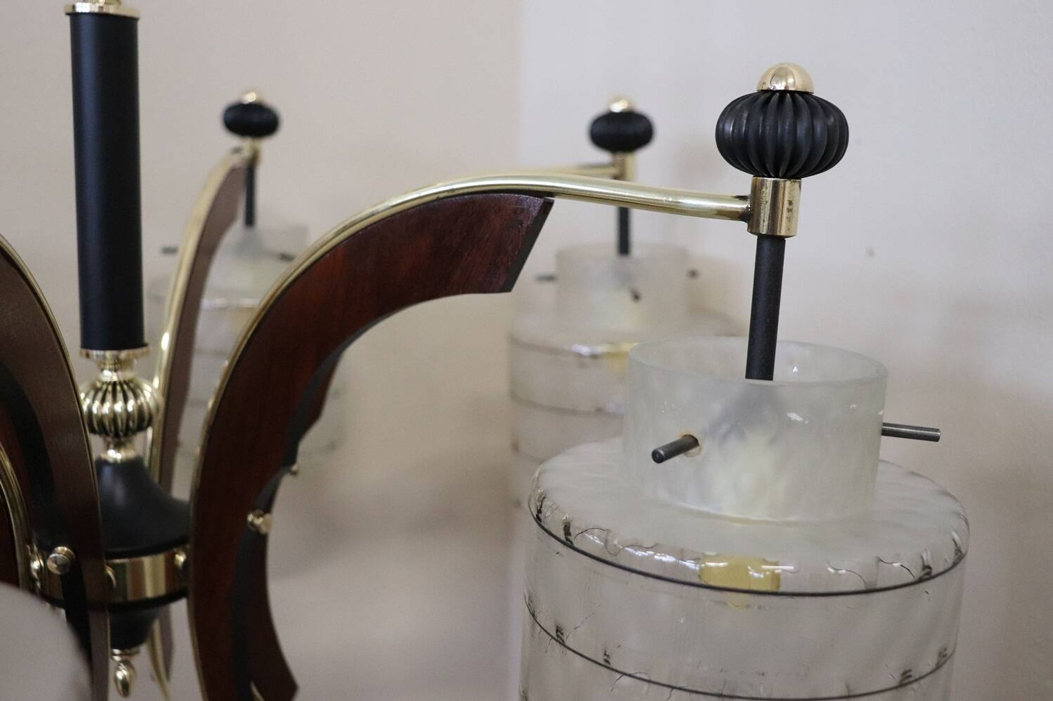 Glass, wood, brass and black lacquered metal chandelier, Italy, 1950