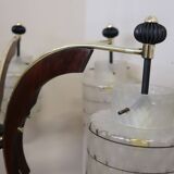 Glass, wood, brass and black lacquered metal chandelier, Italy, 1950