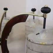 Glass, wood, brass and black lacquered metal chandelier, Italy, 1950