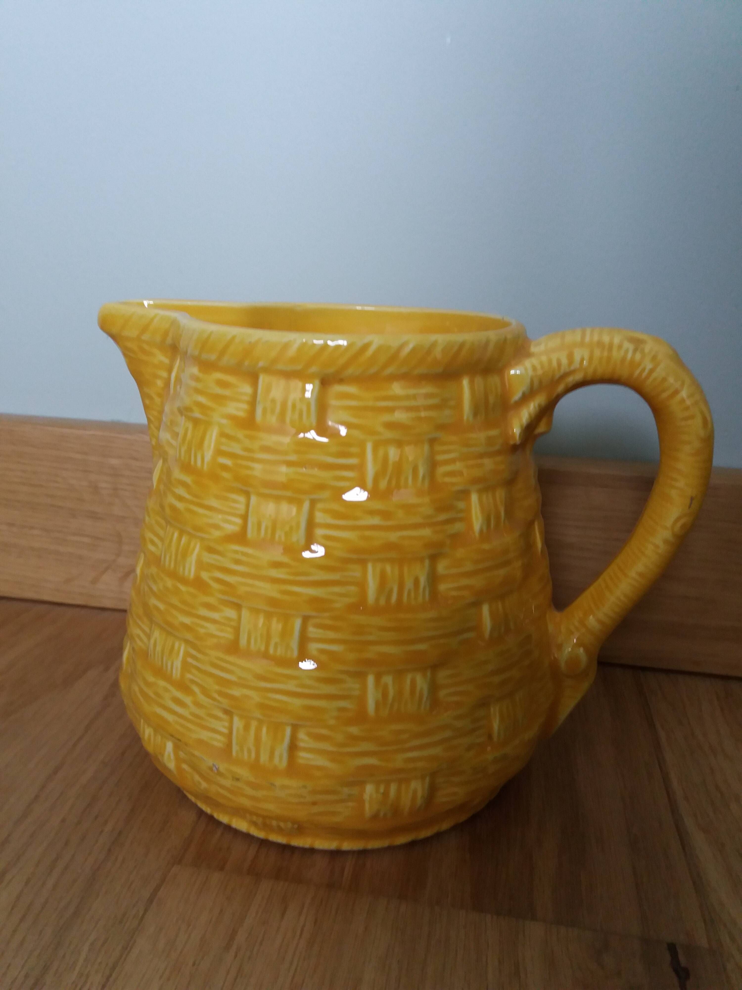 Digoin Sarreguemines barbotine pitcher with wicker decor