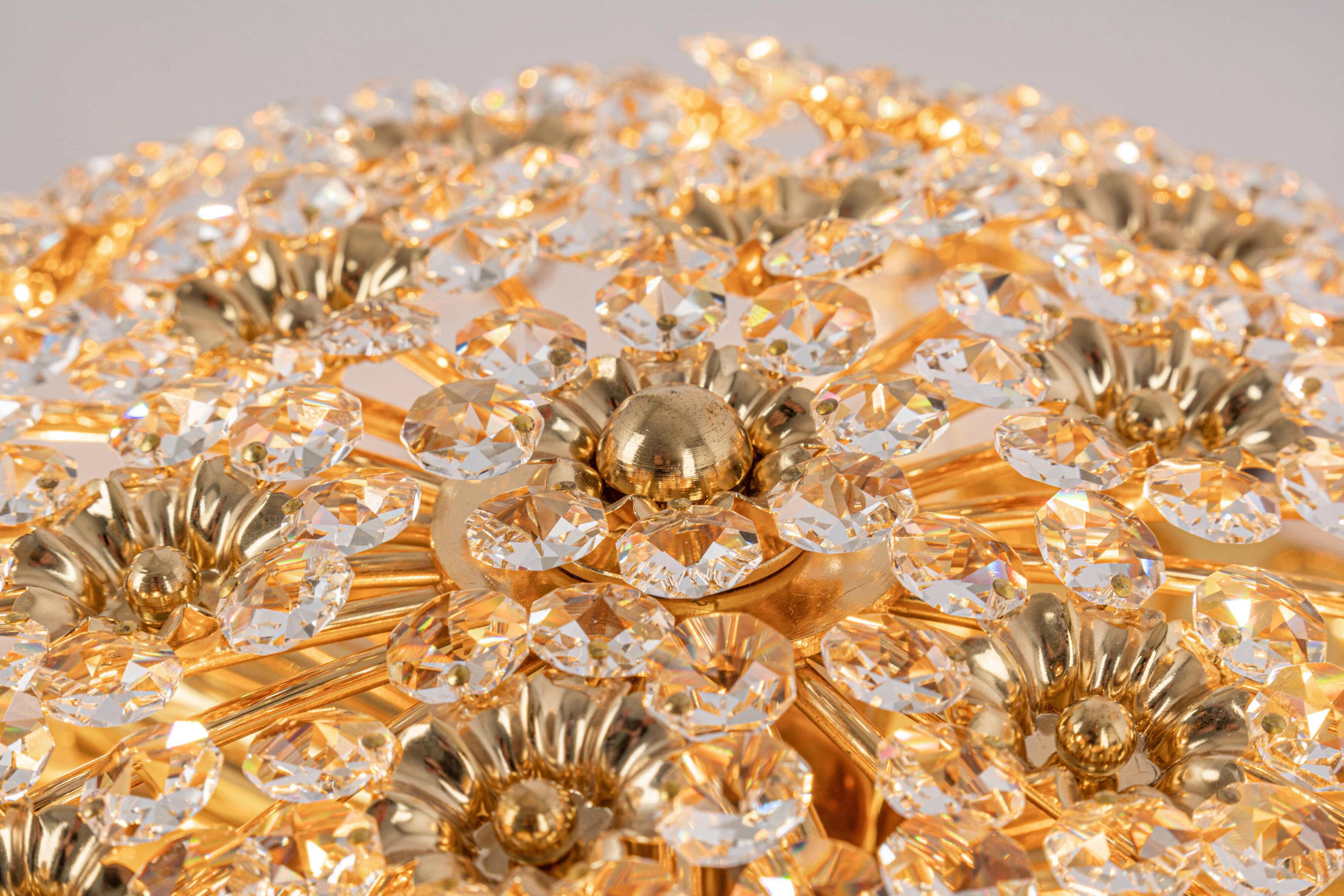 Brass ceiling light with cut glass flowers by Palwa, Germany, 1970s.