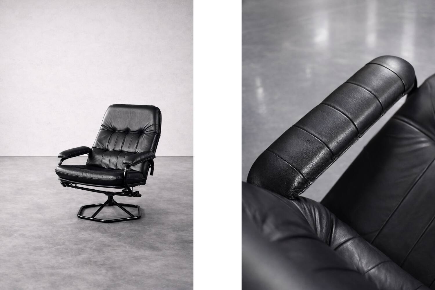 Vintage Mid-Century Danish Modern Black Leather Swivel Chair and Ottoman