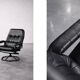 Vintage Mid-Century Danish Modern Black Leather Swivel Chair and Ottoman
