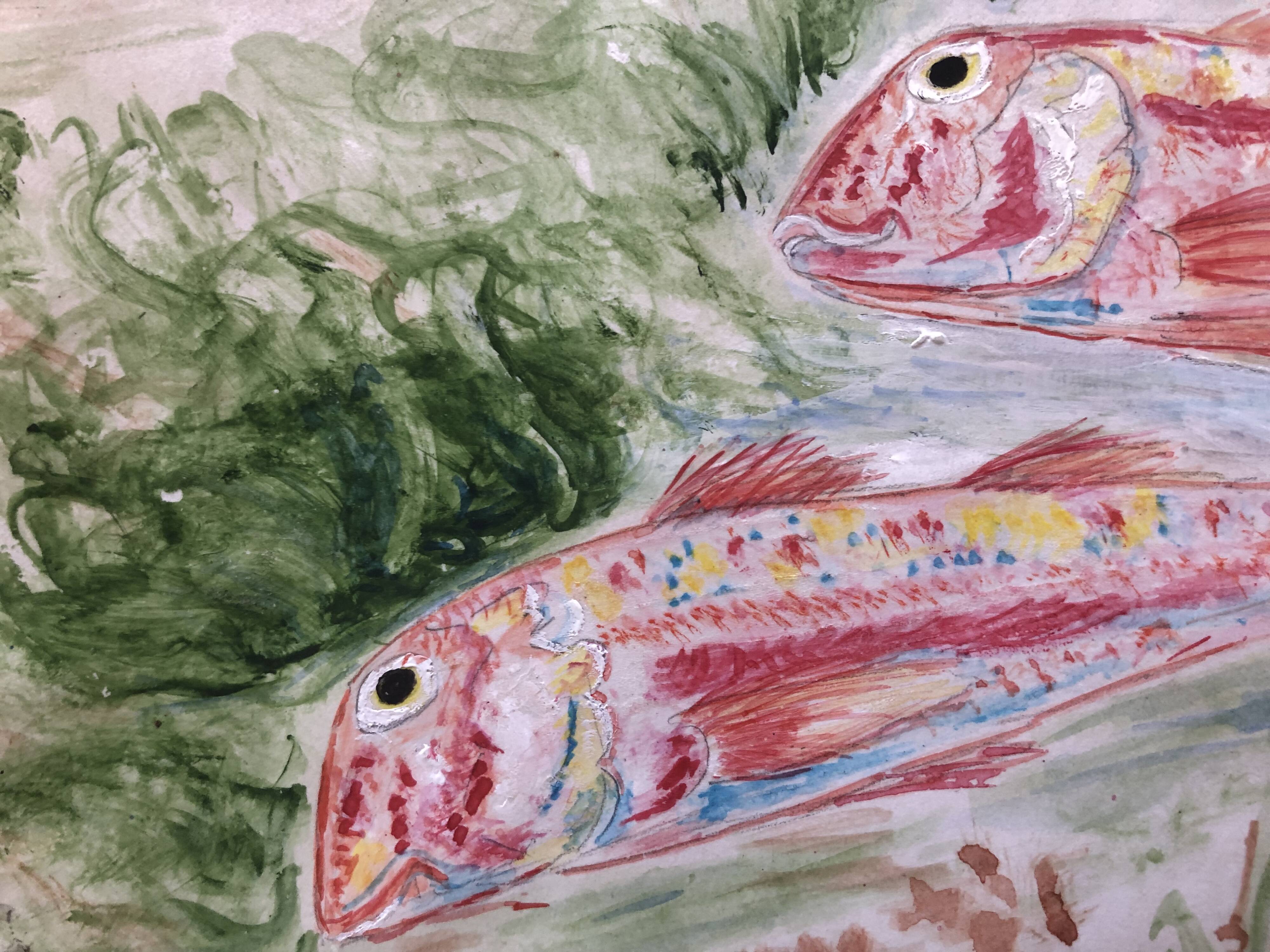 Watercolor 1960 red fish by denise collet, naive, xx painting on paper, without frame
