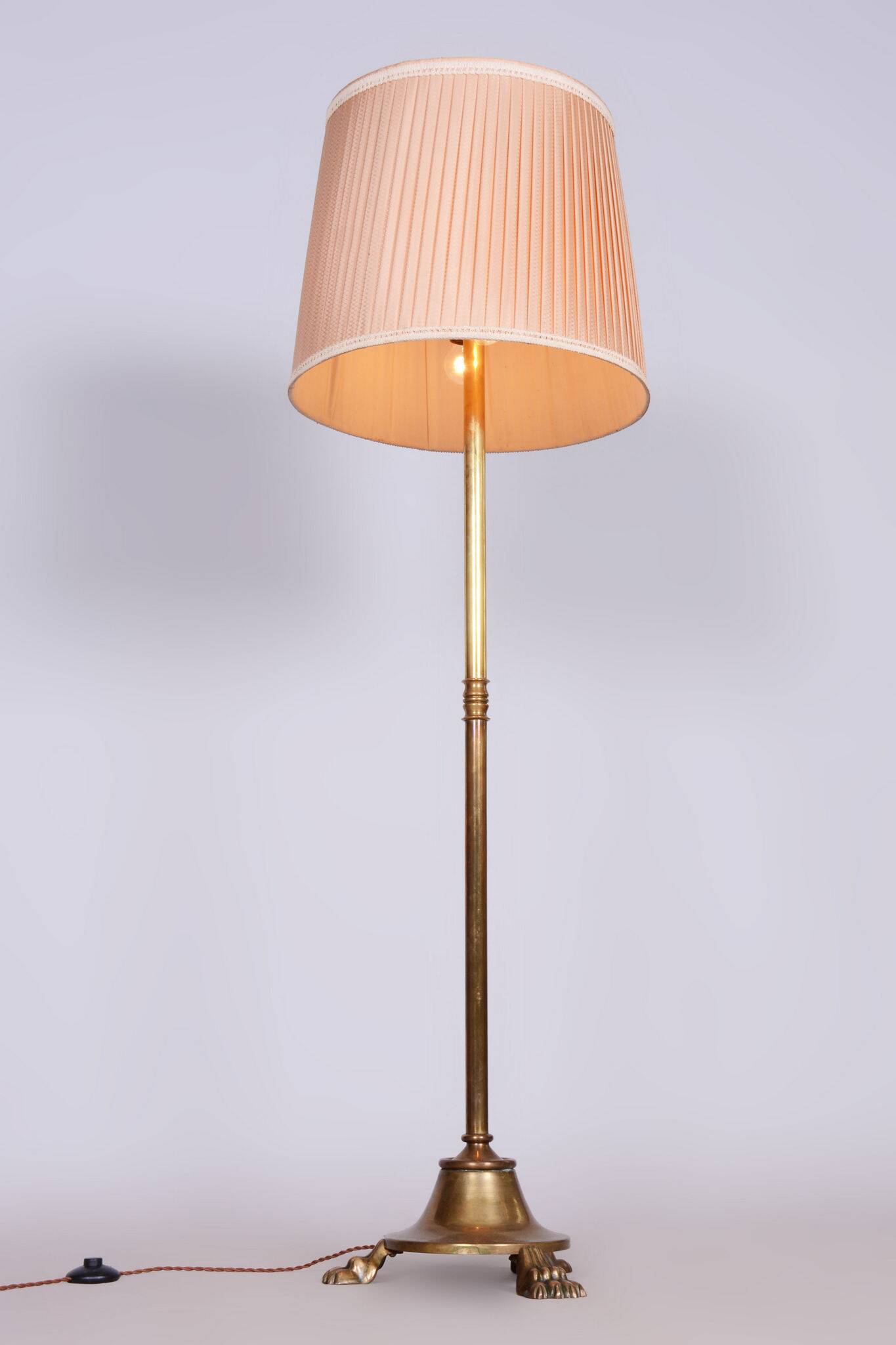 Restored Brass Art Deco Floor Lamp, France, Original Textile Shade, 1920s