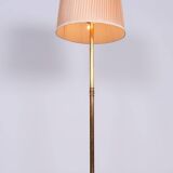 Restored Brass Art Deco Floor Lamp, France, Original Textile Shade, 1920s