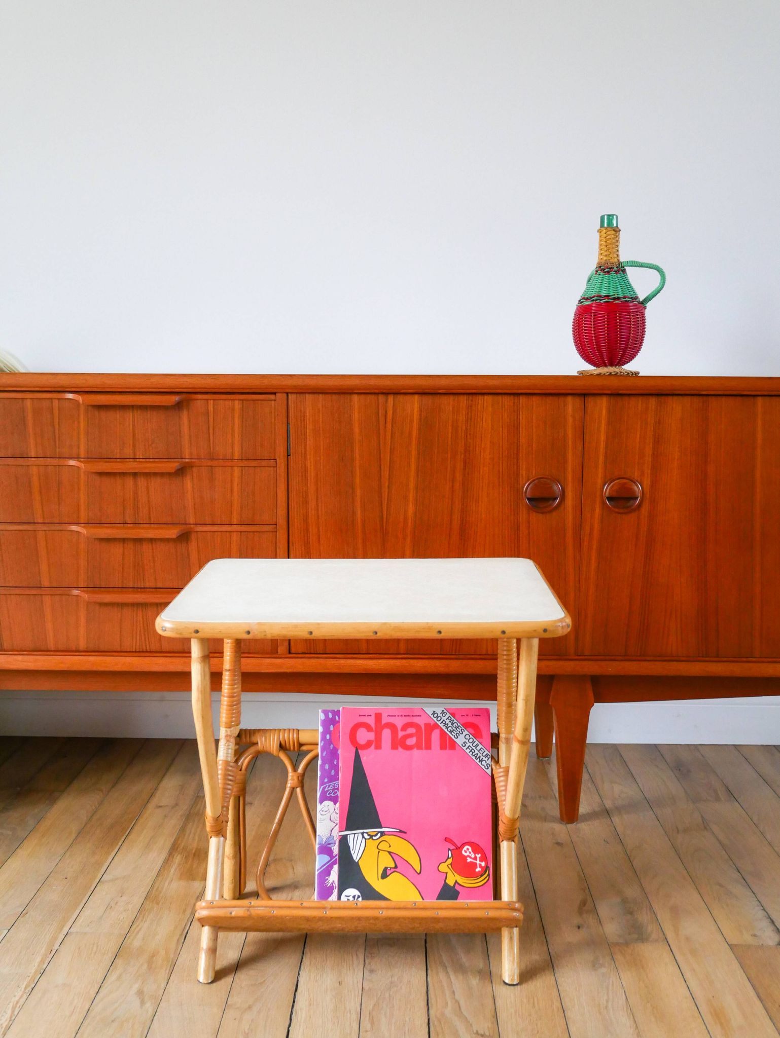 1960s rattan and bamboo side table with magazine rack