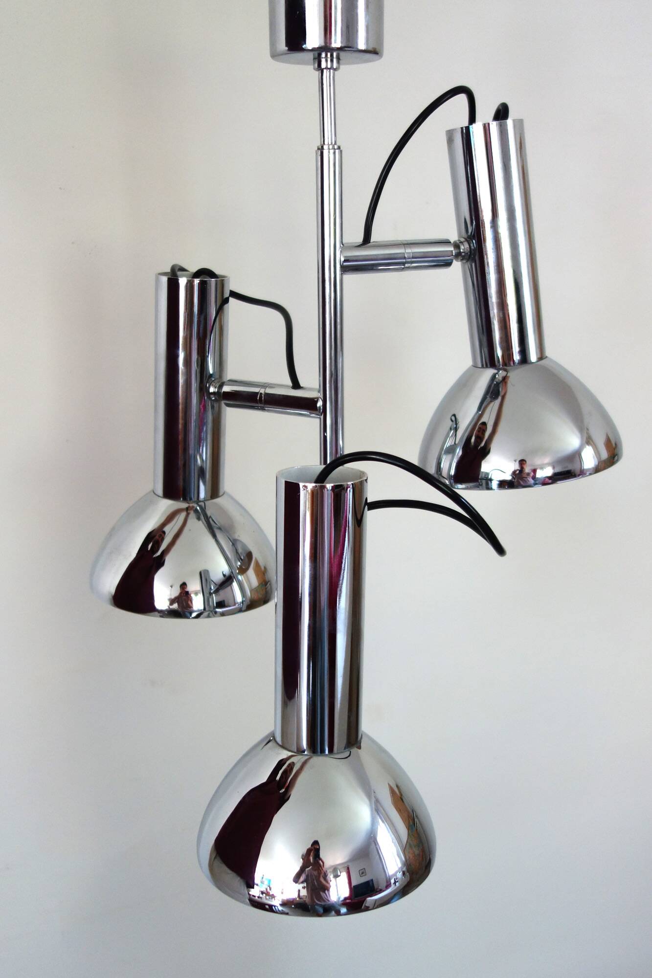 Chrome metal 3-spot chandelier from the 1970s.