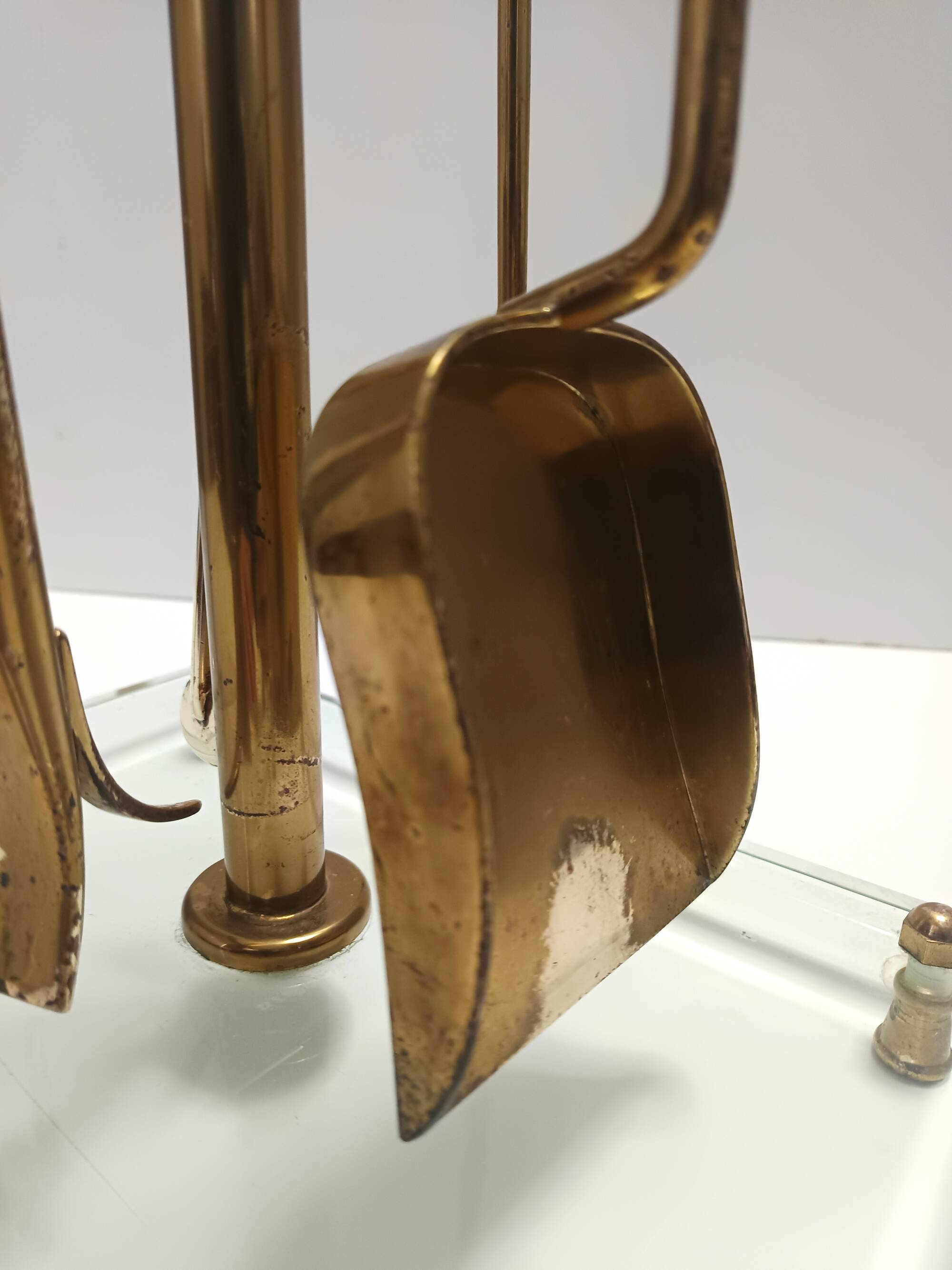 Brass, Iron and Thick Glass Fireplace Tools Set attr. to Fontana Arte