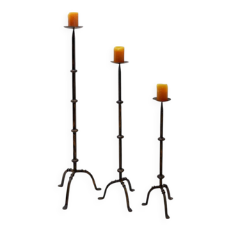 Set of 3 brutalist candle holders/stands in wrought iron.