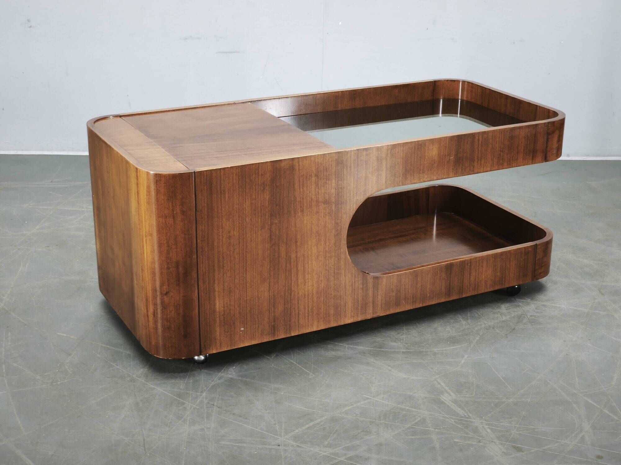 1970s Italian Modernist Wood and Smoked Glass Bar Cart