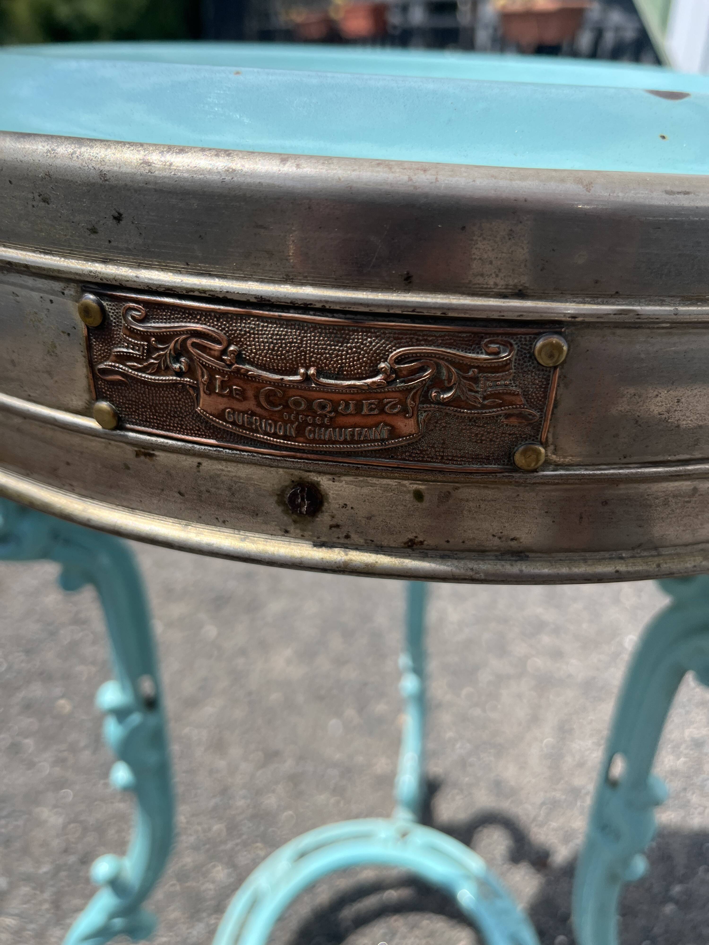 Antique bistro heating table "Le Coquet", enamelled tray, piece by piece.