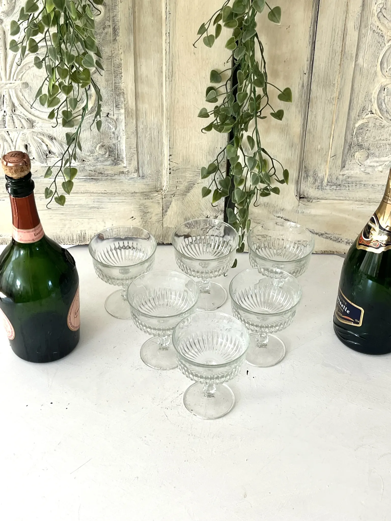 Coupe Glasses – French Set of 6 Pressed Glass Sunburst Cocktail Desser
