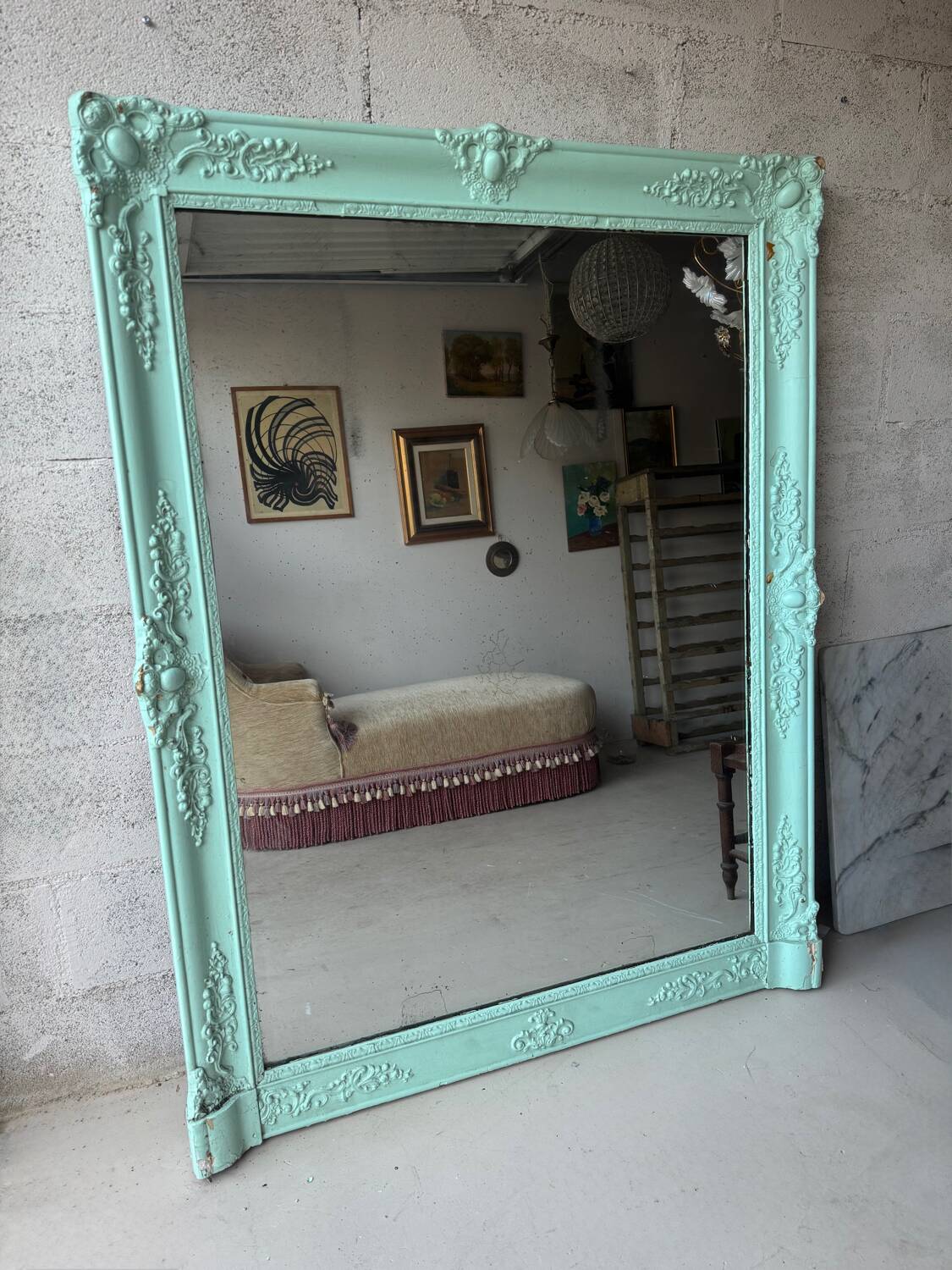 Large antique mercury mirror, patinated blue sculpted frame.