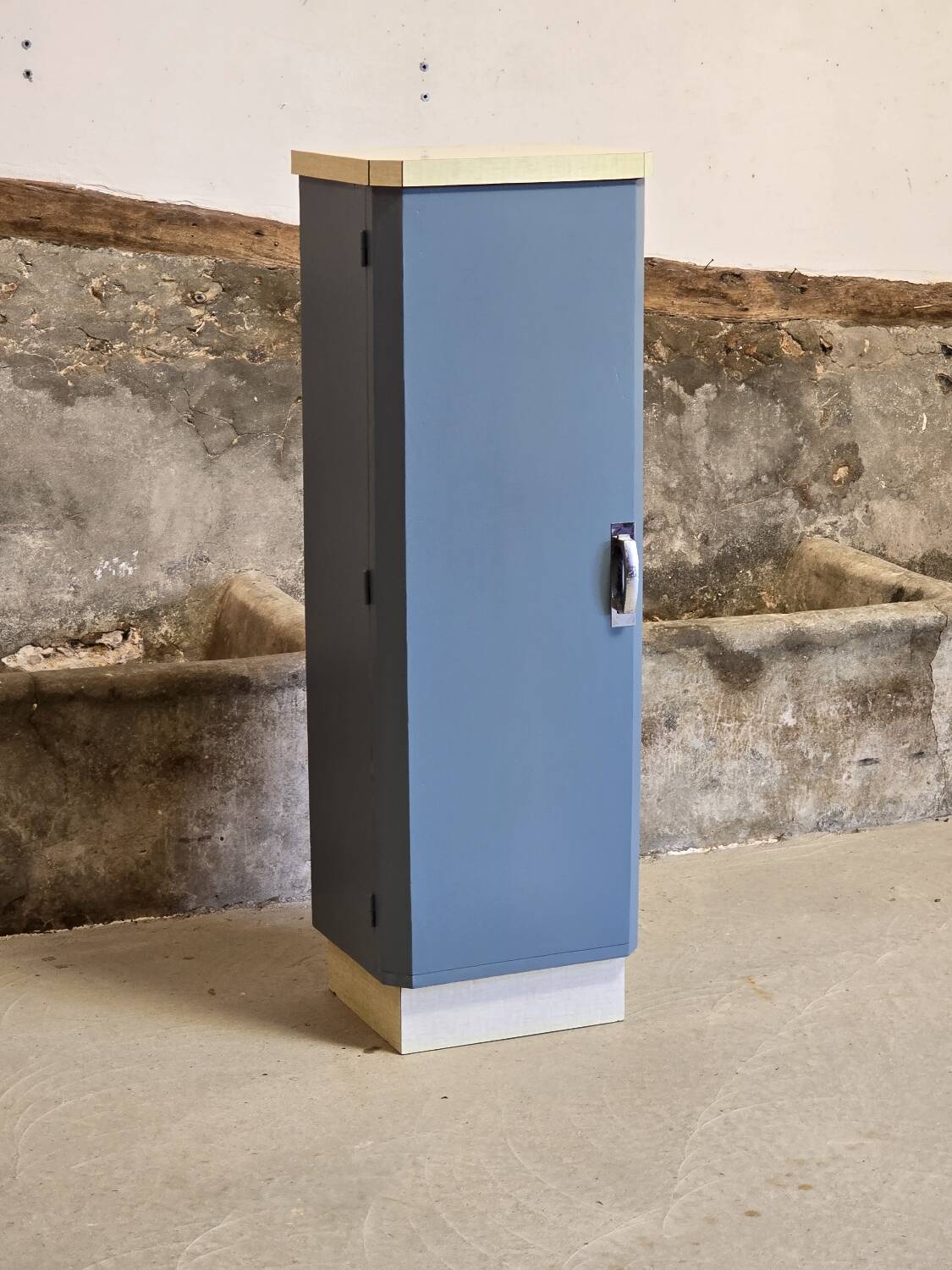 Small Mado 1960 kitchen column unit in yellow formica restyled in blue