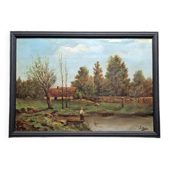 Impressionist painting signed Oil on canvas Barbizon School 19th century