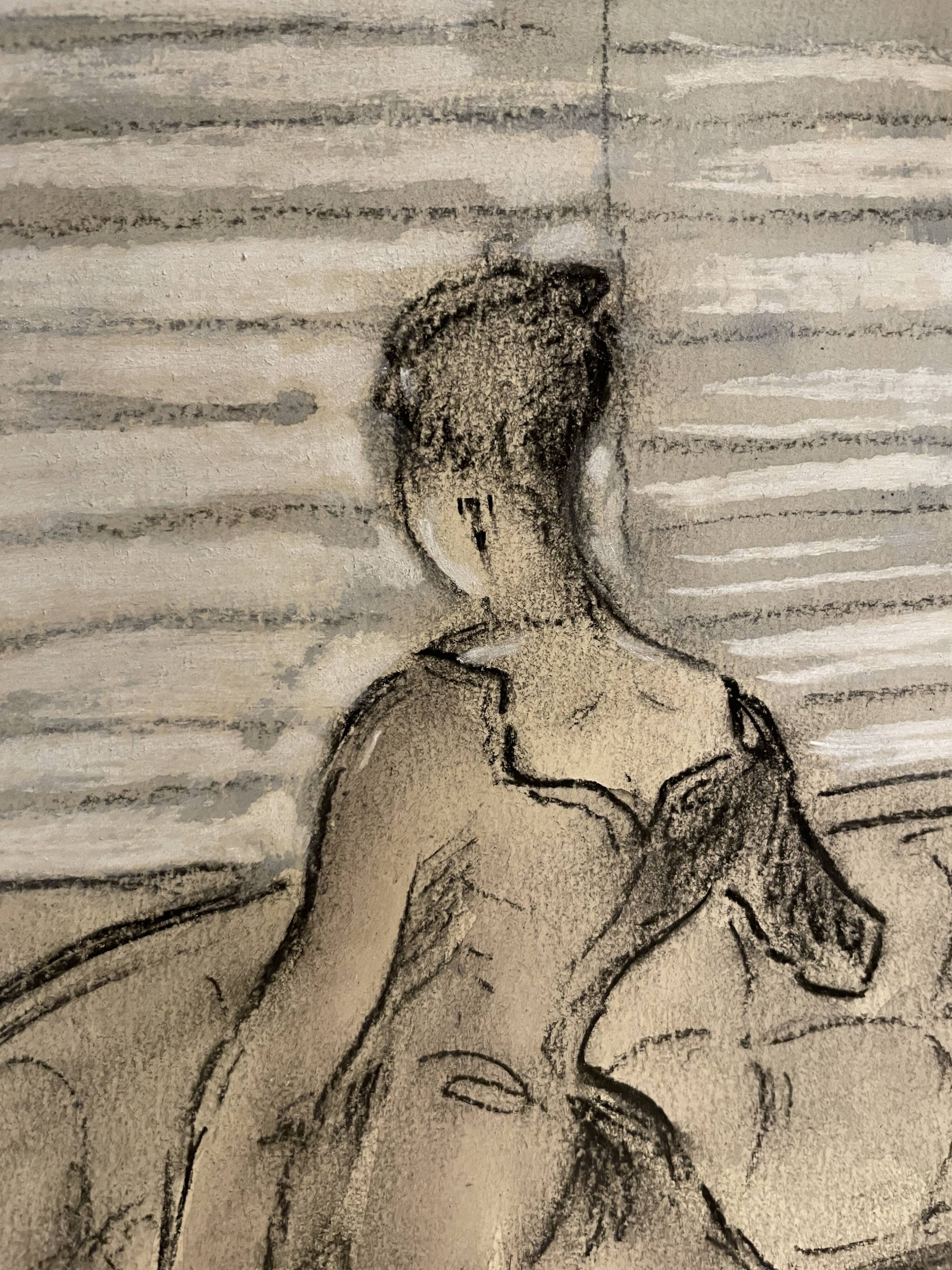 Painting signed charcoal watercolor female portrait Empire “sofa”