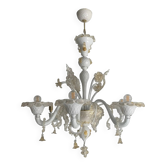 Murano Glass Chandelier in Milky and Gold with Flowers and Leaves
