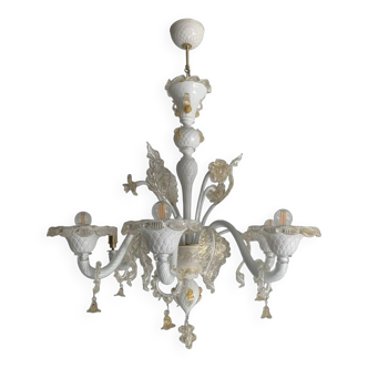 Murano Glass Chandelier in Milky and Gold with Flowers and Leaves