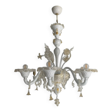 Murano Glass Chandelier in Milky and Gold with Flowers and Leaves