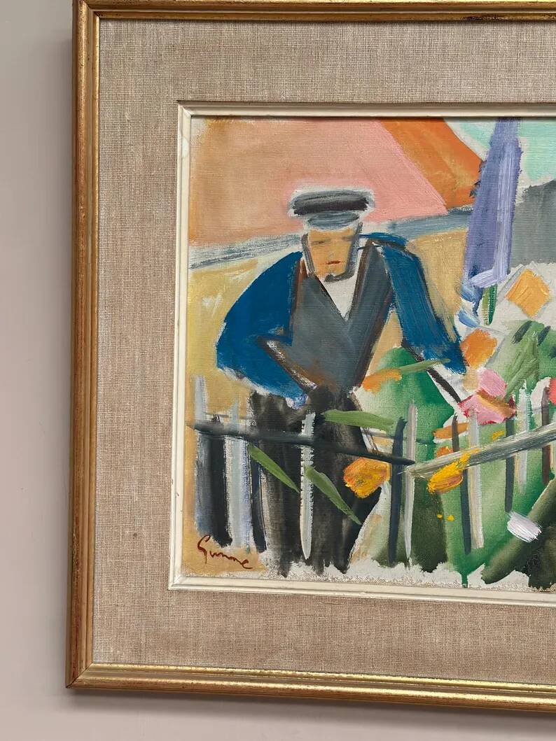 Swedish Original Oil on Canvas – "Figure Near a Flower Fence" by Carl Gunne – Signed – Vintage and Framed – 69.5 × 48 cm (27.4" × 18.9")
