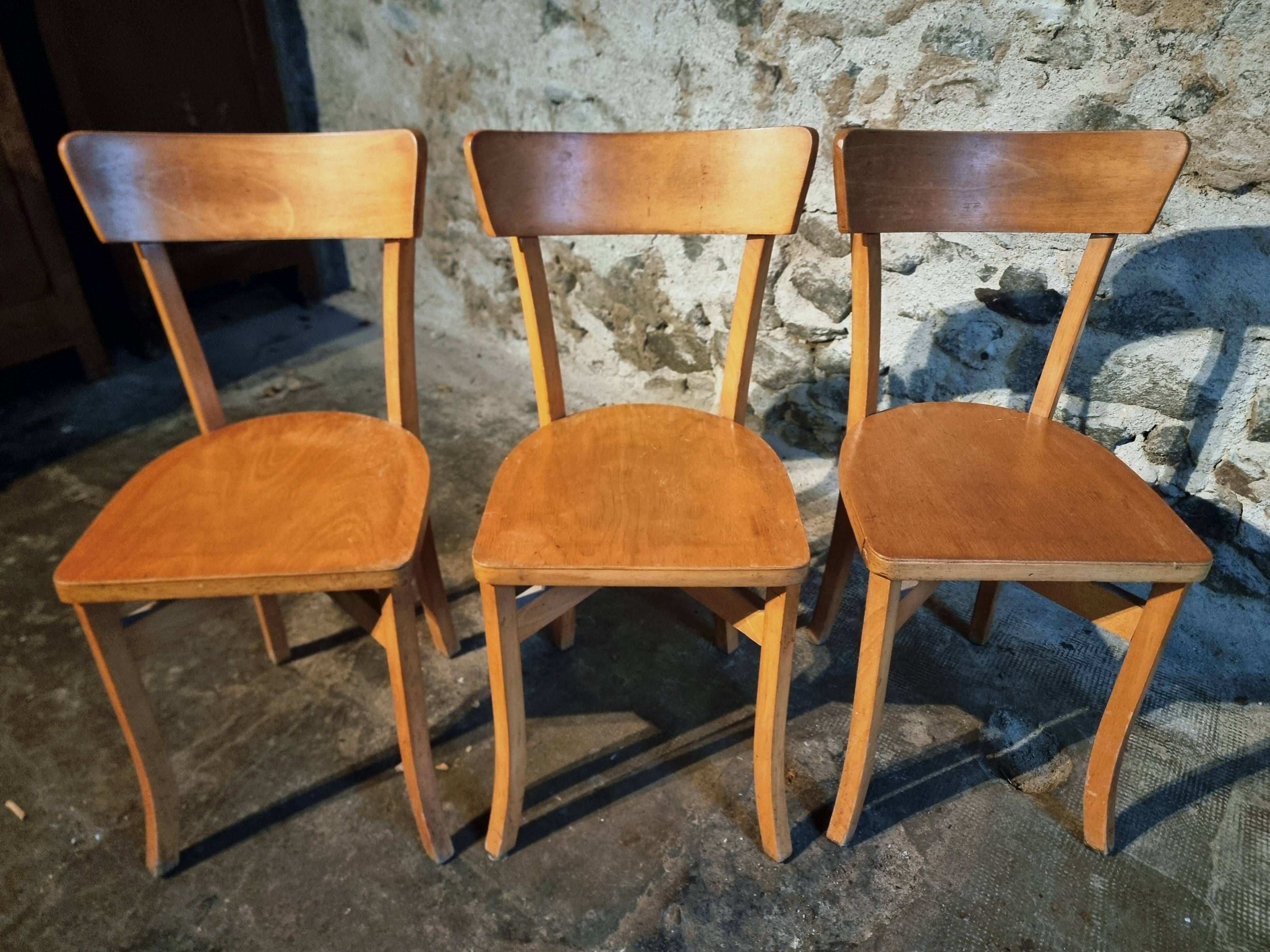 Vintage French bistro chairs in beech – Set of 3, 1950s café chairs