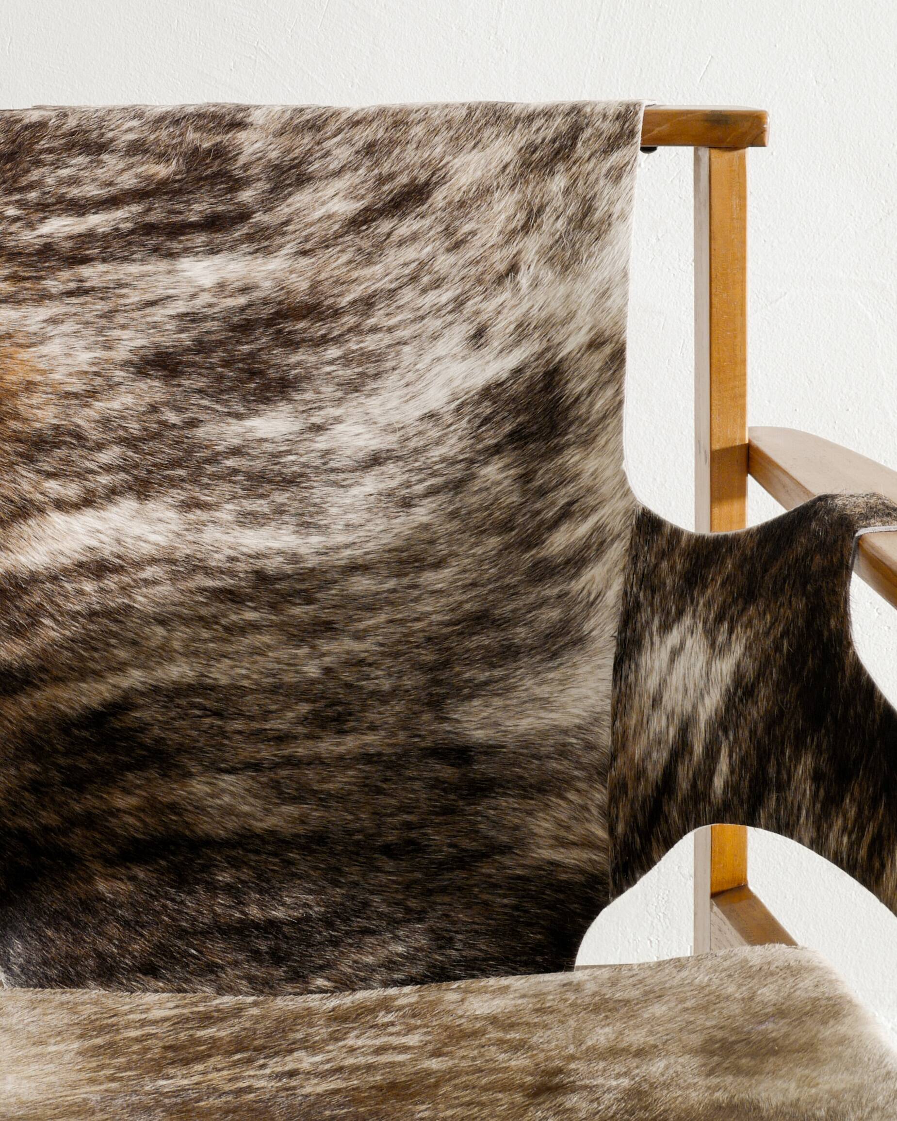 Vintage Swedish Carl-Axel Acking Wooden "Trienna" Armchair Cowhide, 1950s