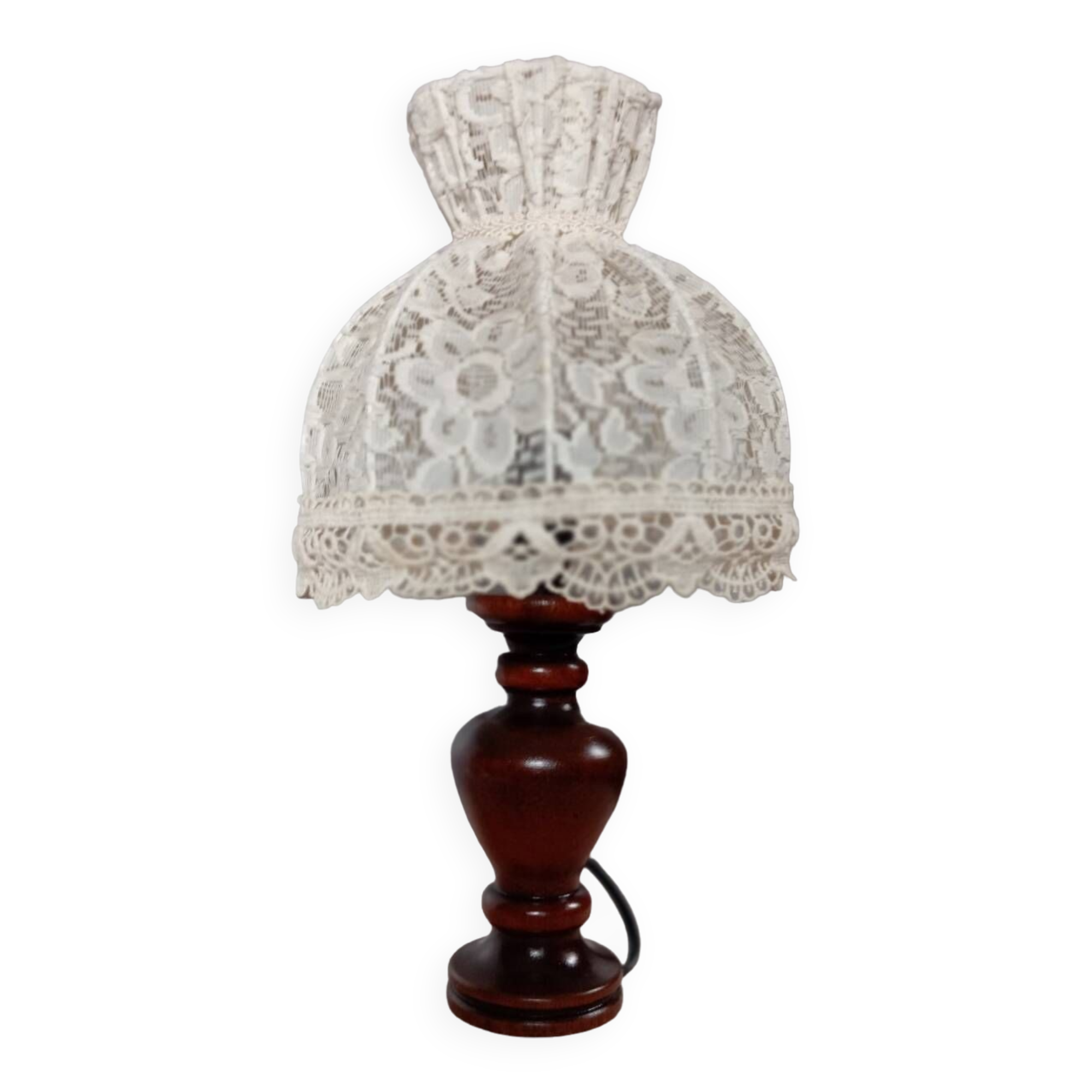 Table lamp with romantic wood and lace ambiance, retro chic