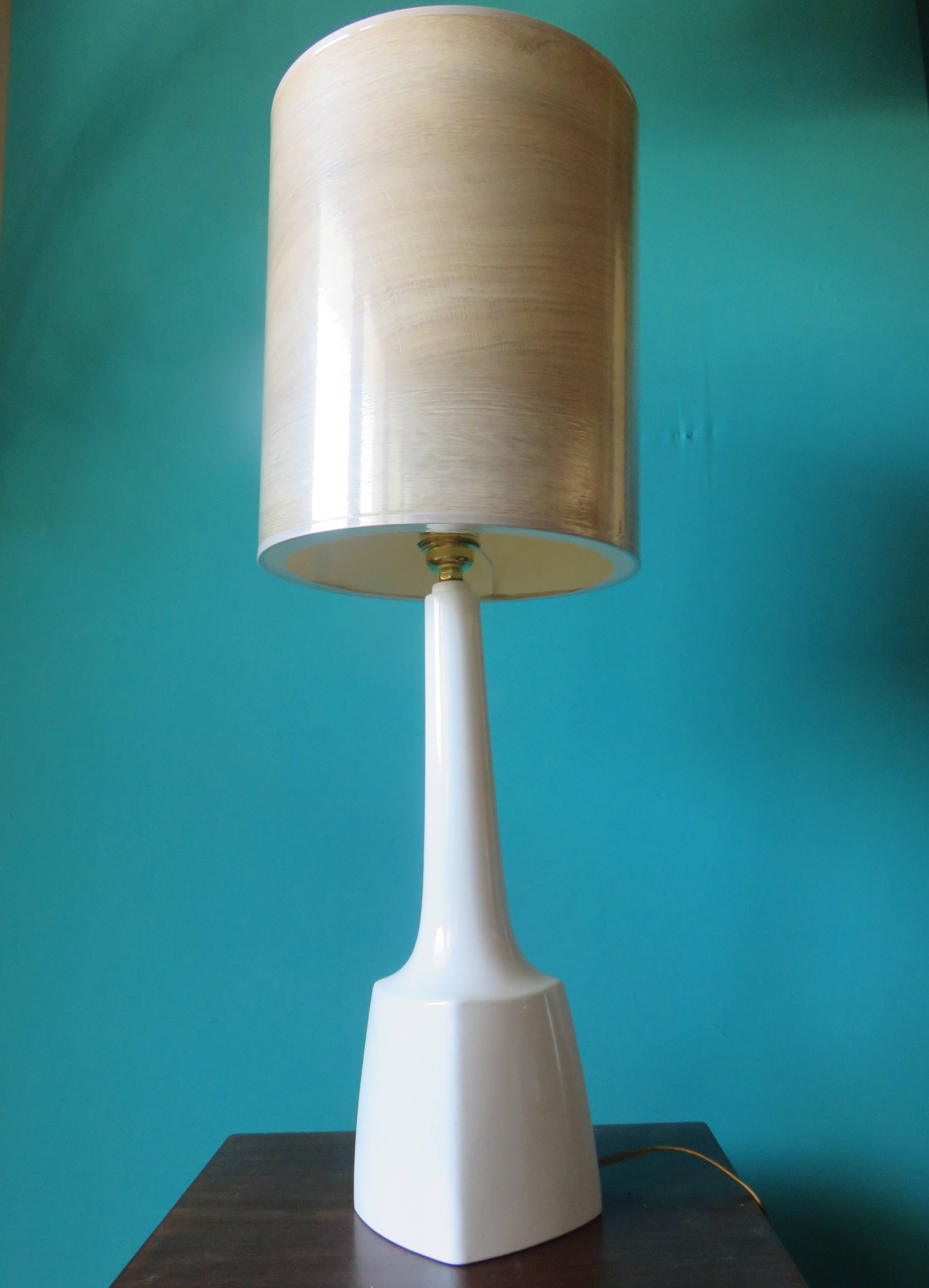 High white stone lamp, Danish design 1965 with a birch-style shade.