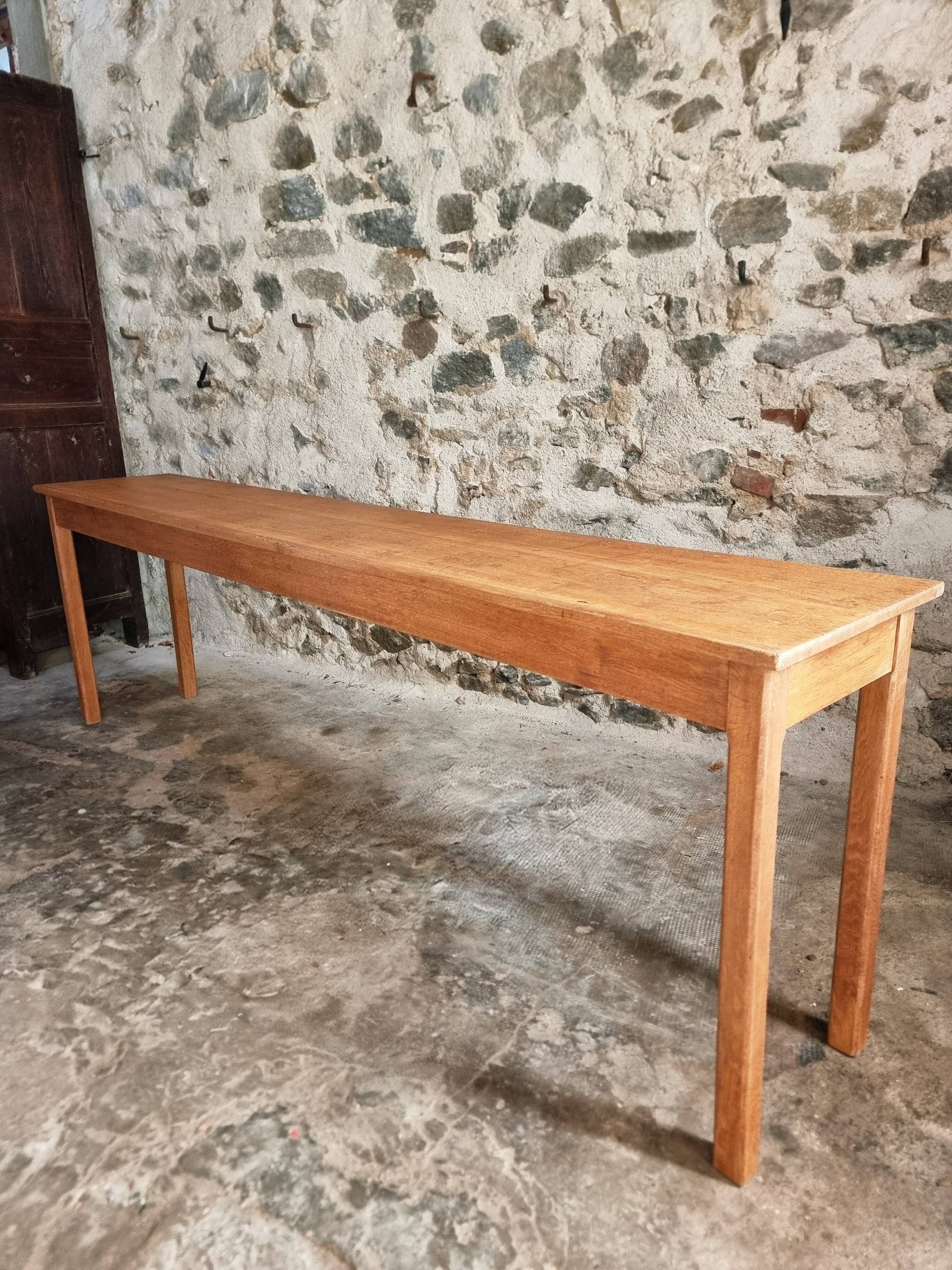 Old French oak console – Long and narrow farmhouse table 241 cm – Vichy hospital workshop from the 1950s