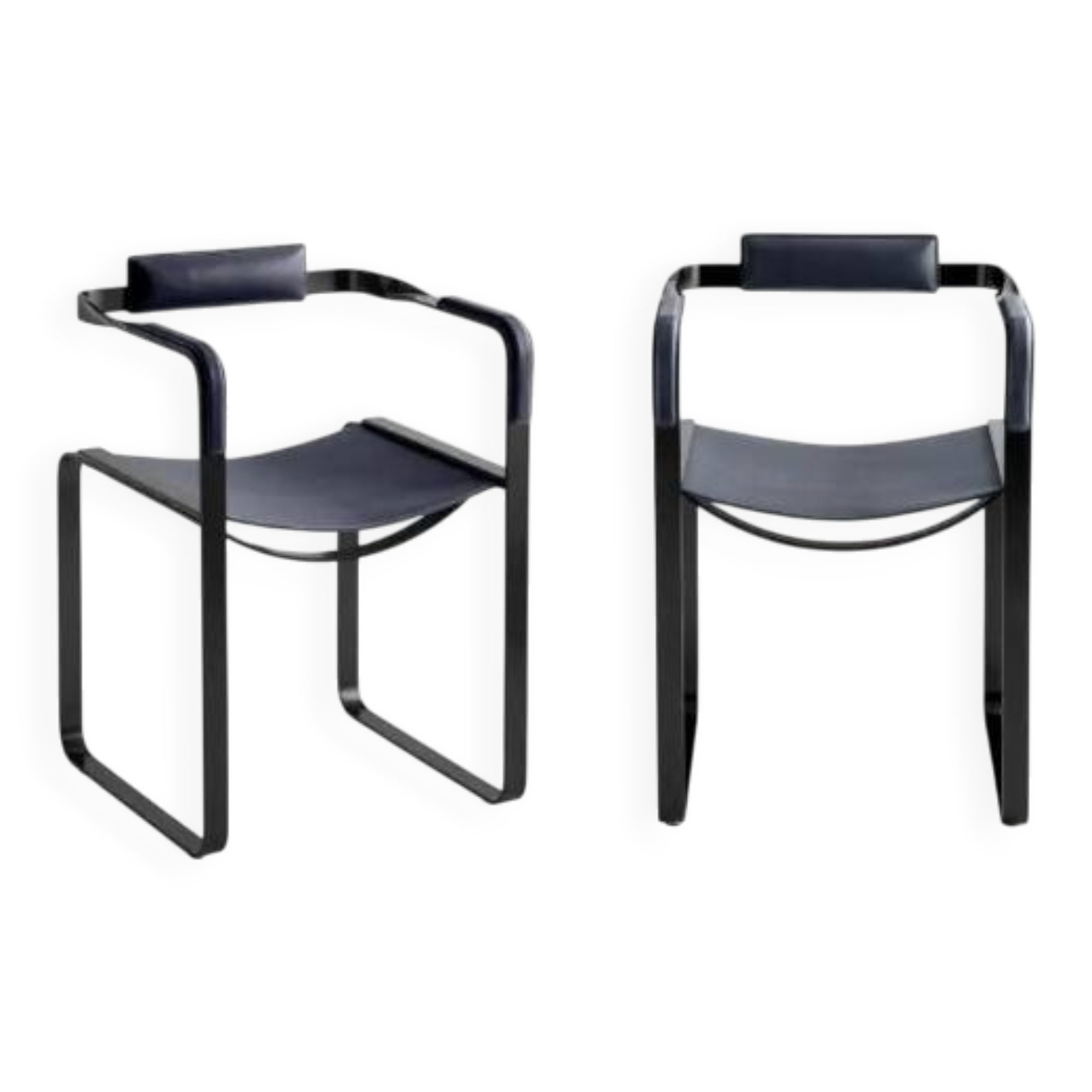 Pair of wanderlust armchairs in black and black metal.