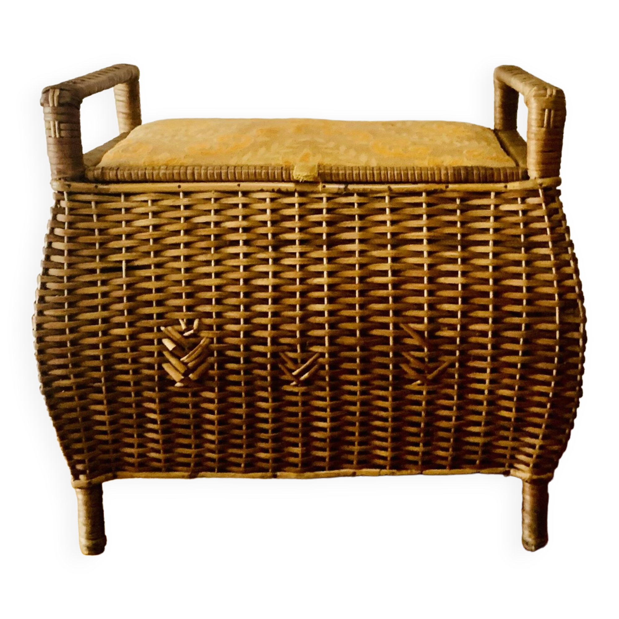 Grand panier à couture vintage en osier - tabouret en tissu matelassé - 1950