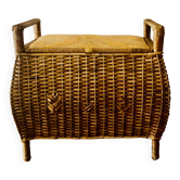 Large vintage wicker sewing basket - quilted fabric stool - 1950s
