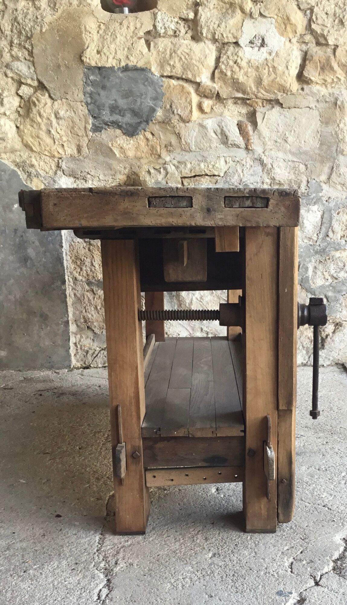 Solid oak workbench with stalls and drawers - 20th century