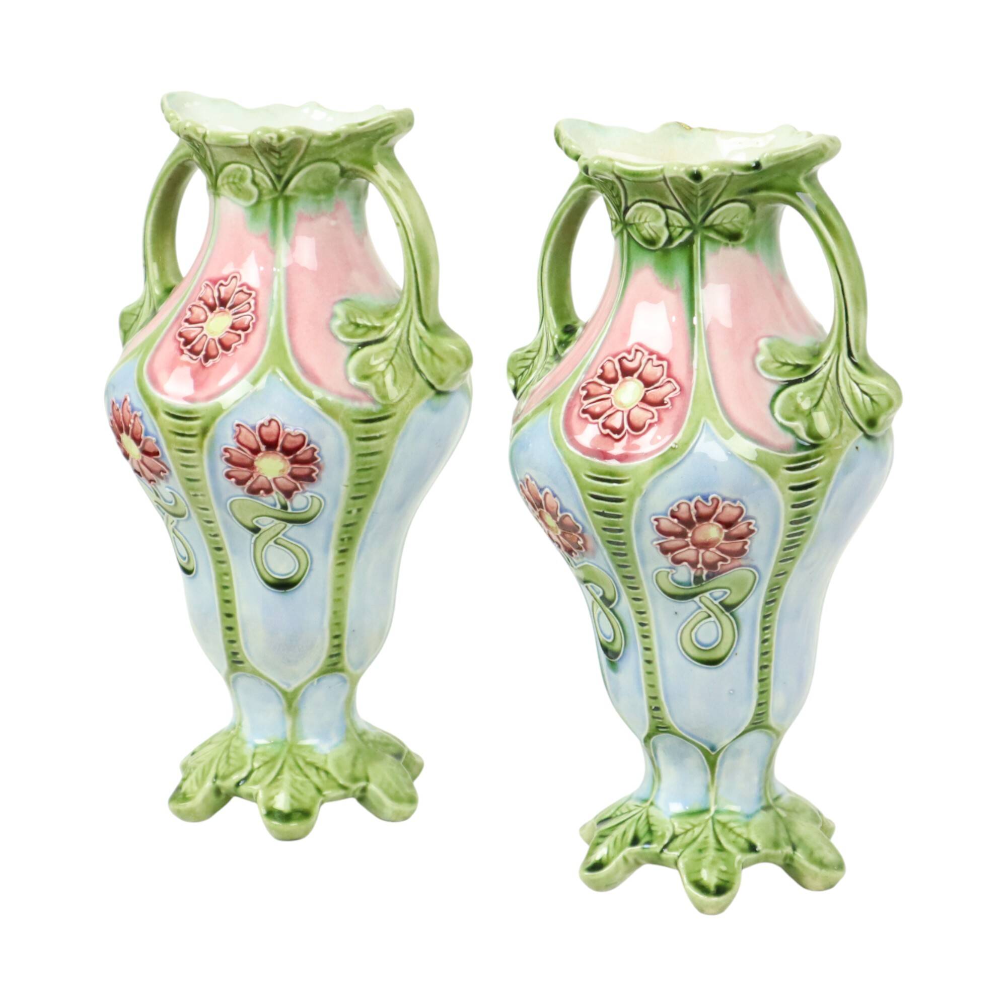 French Art Nouveau Majolica Earthenware Vases ca. 1900
