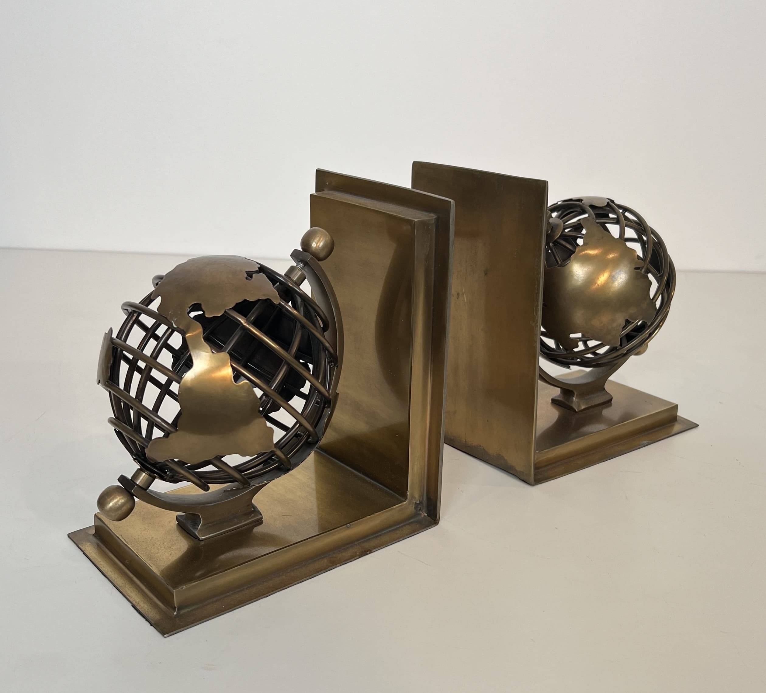 Pair of Brass Bookends with Openwork Globe Decorations. Work