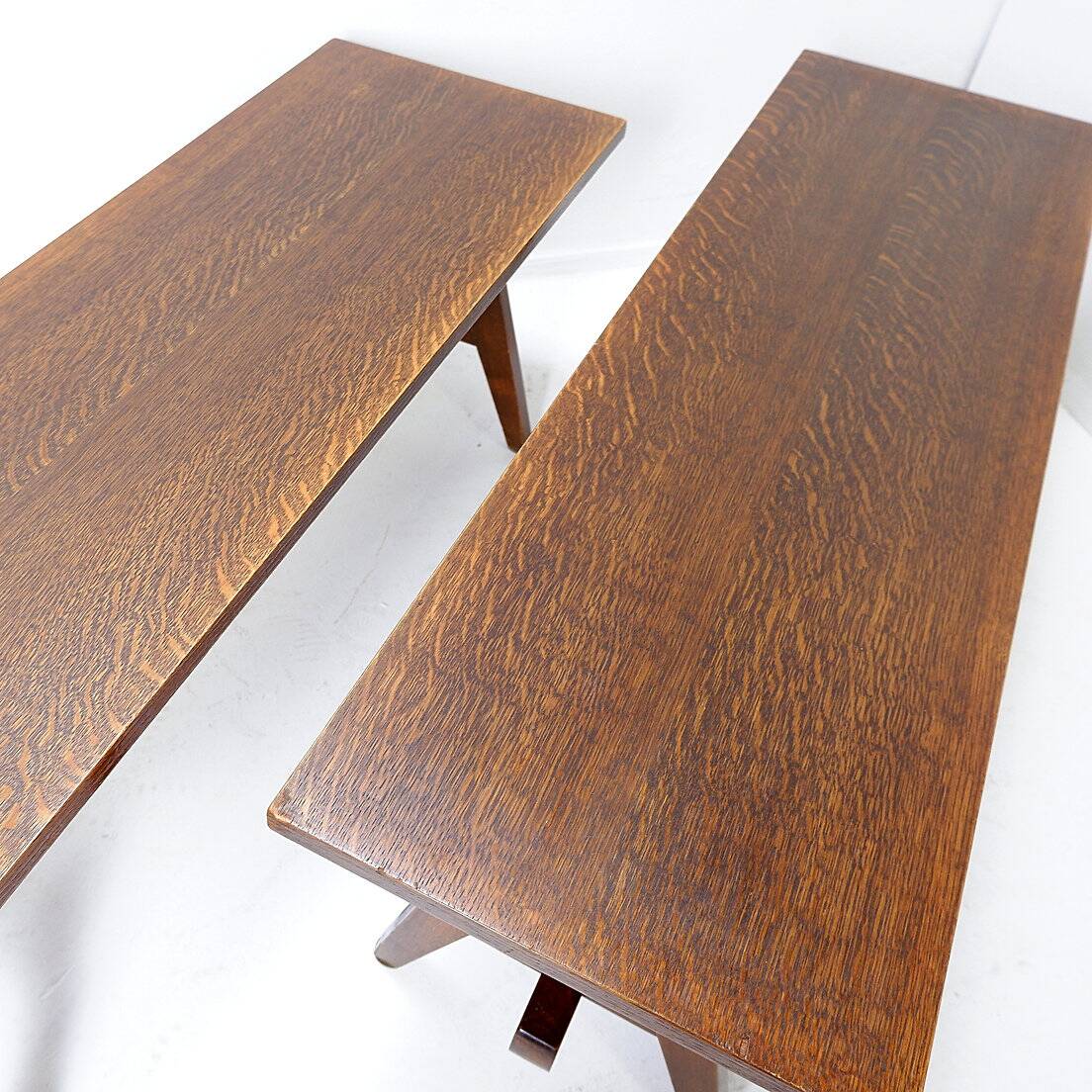 Pair of solid wood benches with compass feet