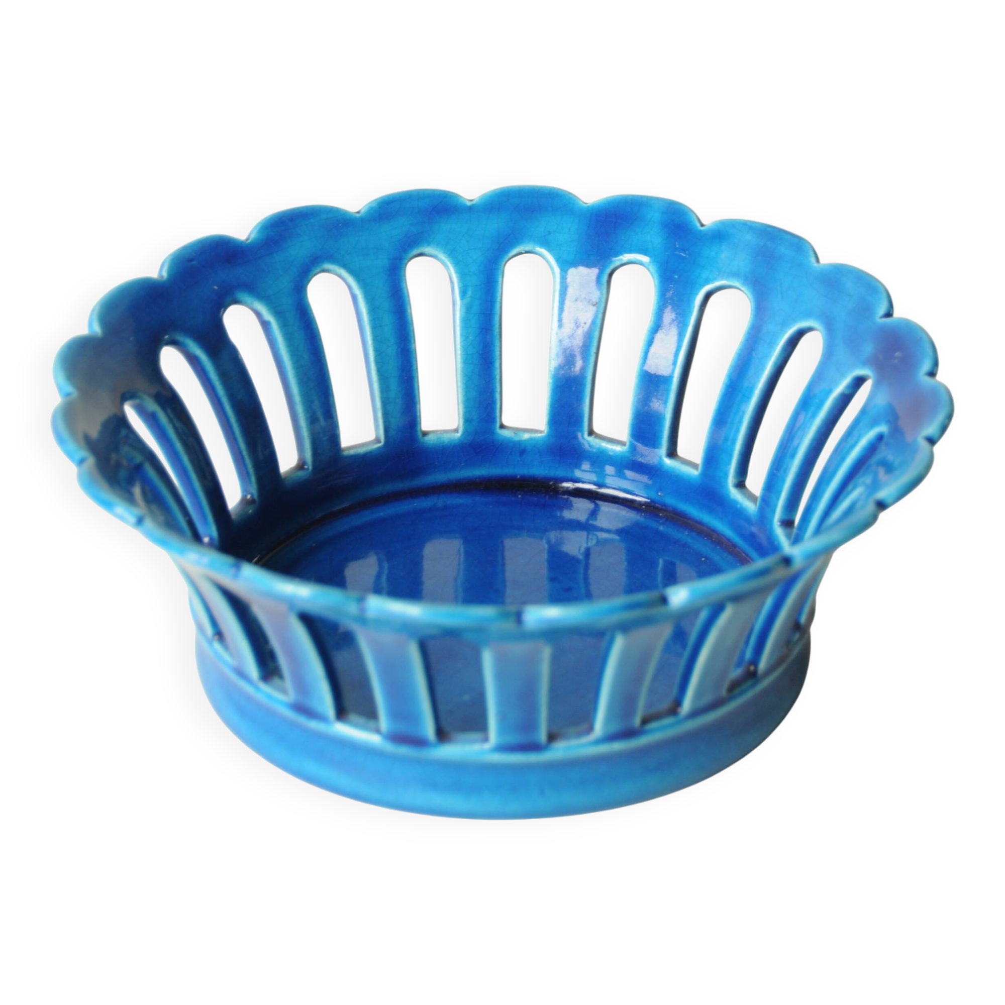 Blue openwork ceramic fruit bowl DLG from Bourg-Joly Malicorne