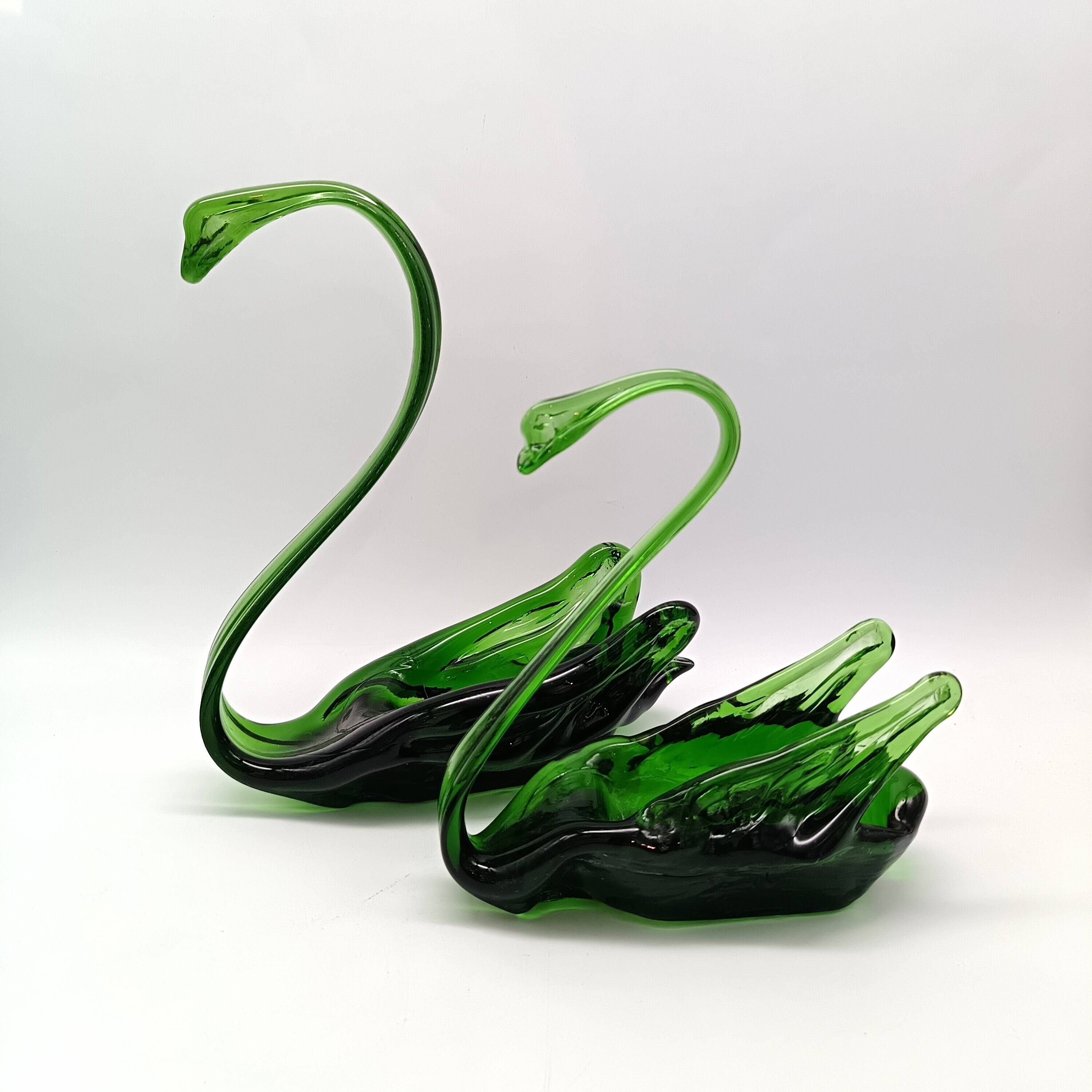 2 vintage glass SWANS, handcrafted, bottle green, early 20th century