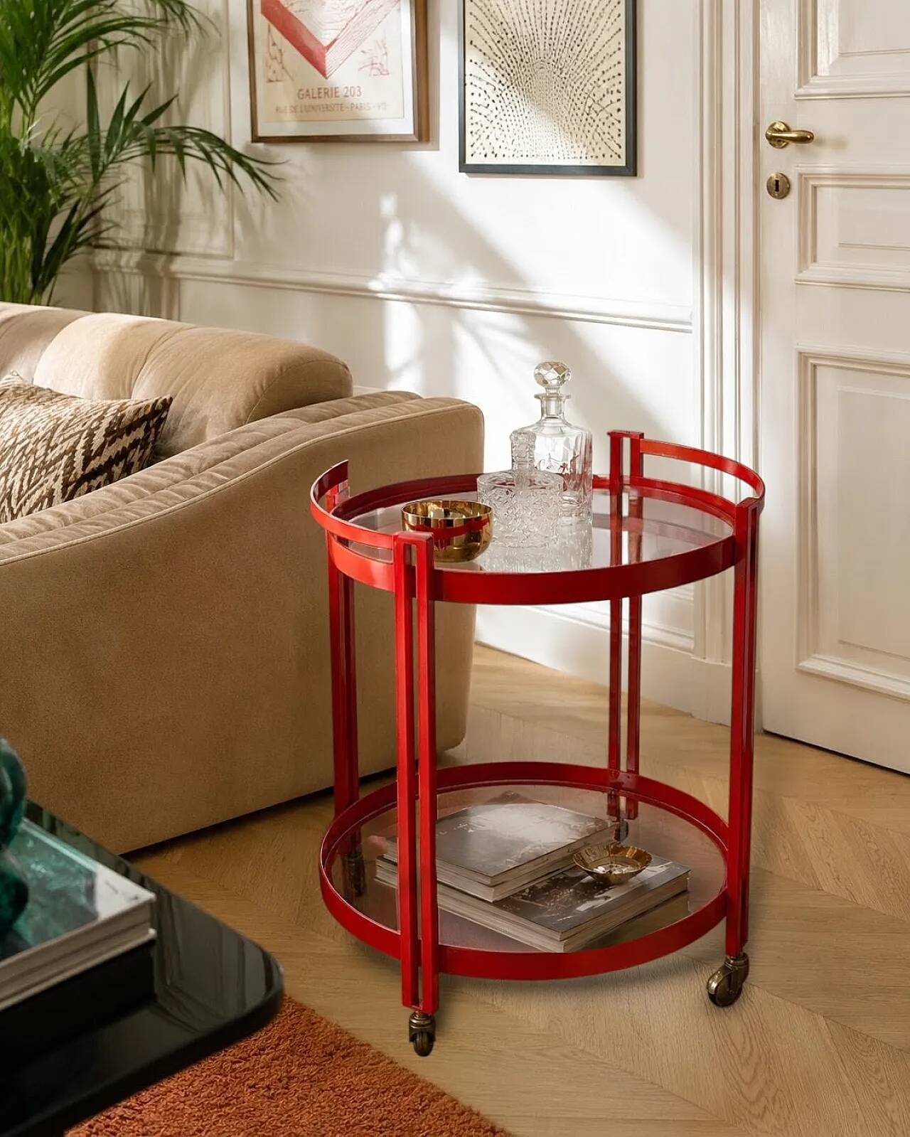 1970s bar trolley, red metal and double glass shelf.