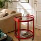 1970s bar trolley, red metal and double glass shelf.