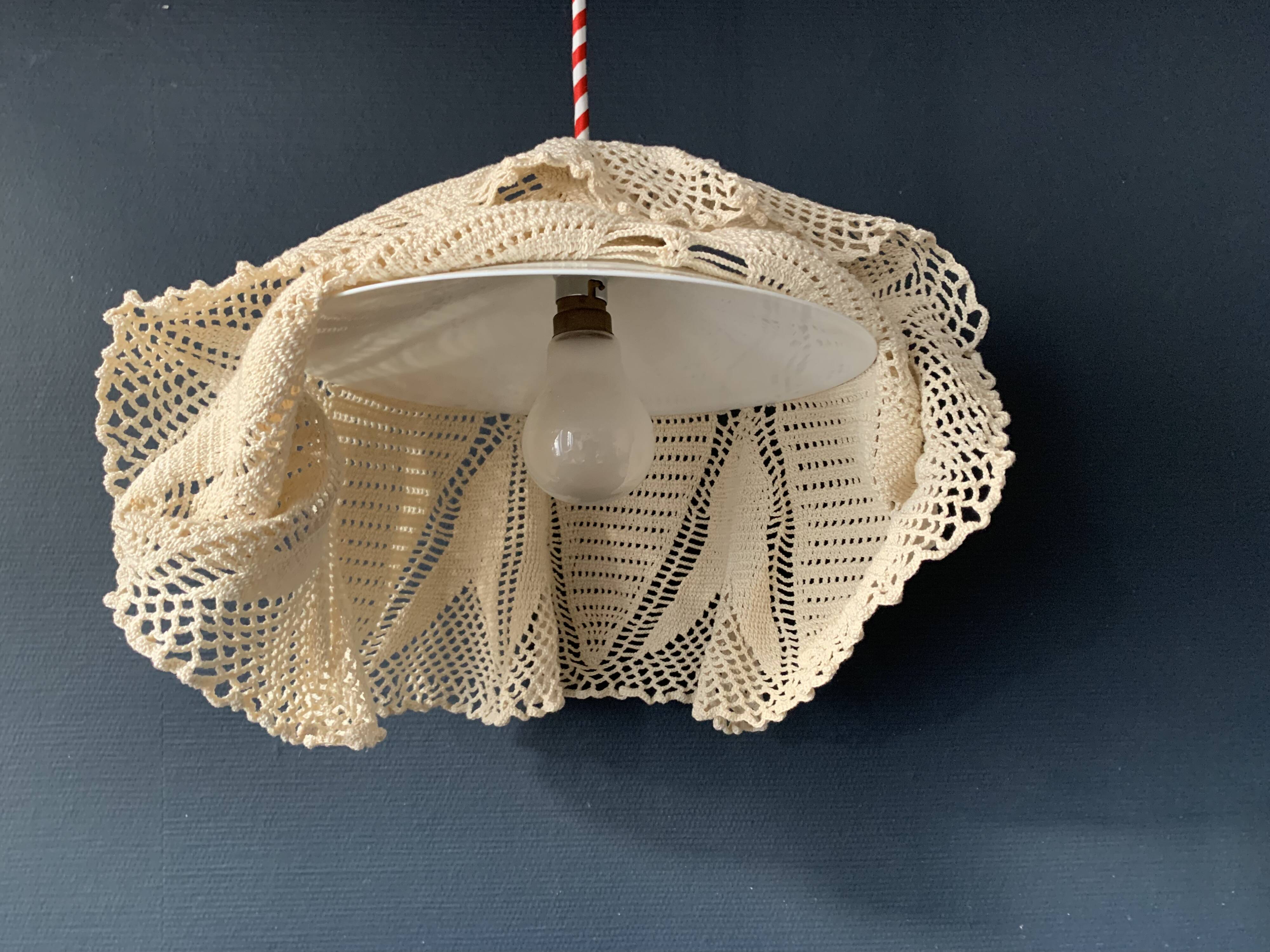 White opaline pendant light and handmade antique crochet lampshade